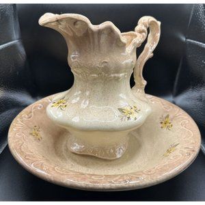 Vintage Ironstone Pottery Creamy Floral Pitcher & Wash Basin Signed Wanda 1985
